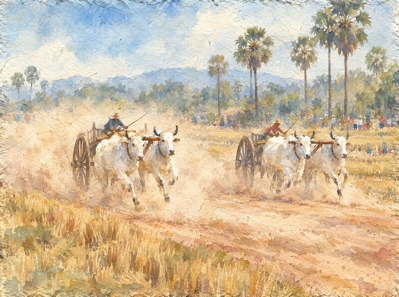 Two wooden carts pulled by pairs of white oxen racing on a dusty track through rice stubble, with sugar palms