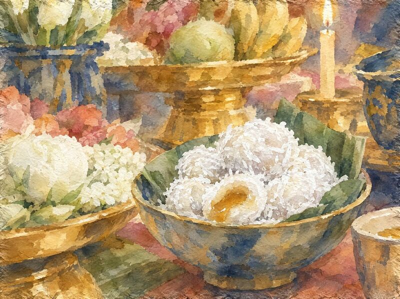 Sticky rice balls rolled in grated coconut, one showing its palm sugar center, with fruit and a candle
