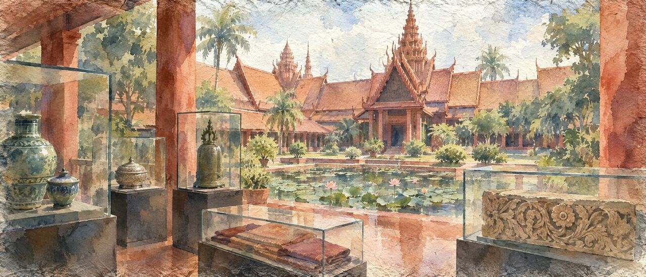 Watercolor of ceramics, a silver betel box, silk and a bronze bell in museum cases