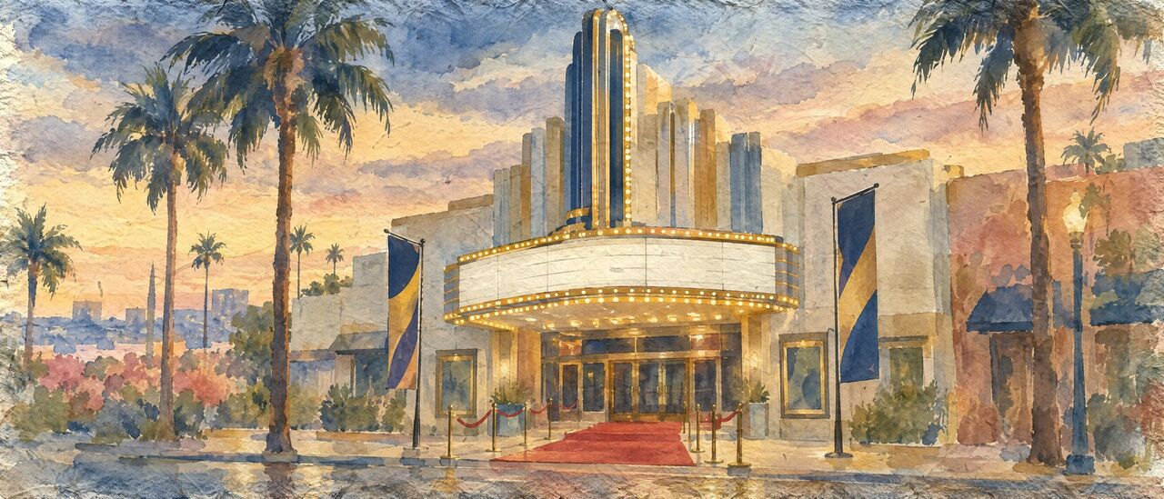 Watercolor of a small screening room with a projector beam and empty plum seats