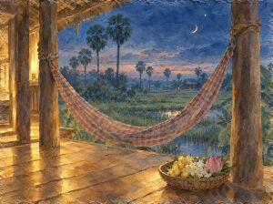 A cloth hammock and a basket of romdoul, jasmine and lotus on a stilt-house veranda under a crescent moon and star