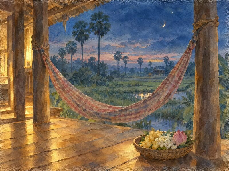 A cloth hammock and a basket of romdoul, jasmine and lotus on a stilt-house veranda under a crescent moon and star