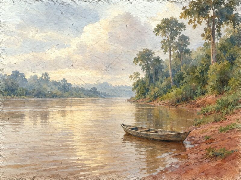 A wide brown river meeting a forested bank and wet red earth, with a small empty wooden boat pulled up on the mud and low cloud beyond