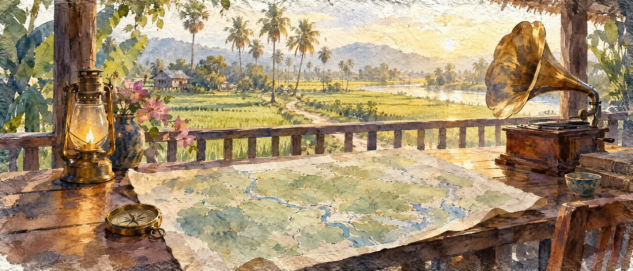 A paper map, a brass compass and a horn gramophone on a veranda table above rice fields