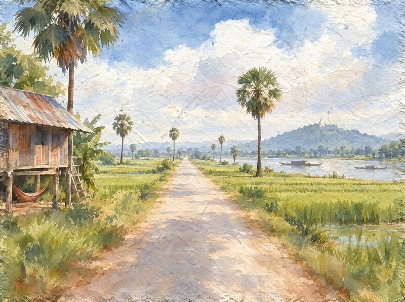 Watercolor of a country road between green rice fields, with a stilt house, sugar palms and a river and hill in the distance.