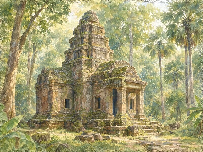 A small weathered stone sanctuary tower with four stepped tiers and a porch, standing in a forest clearing at Angkor