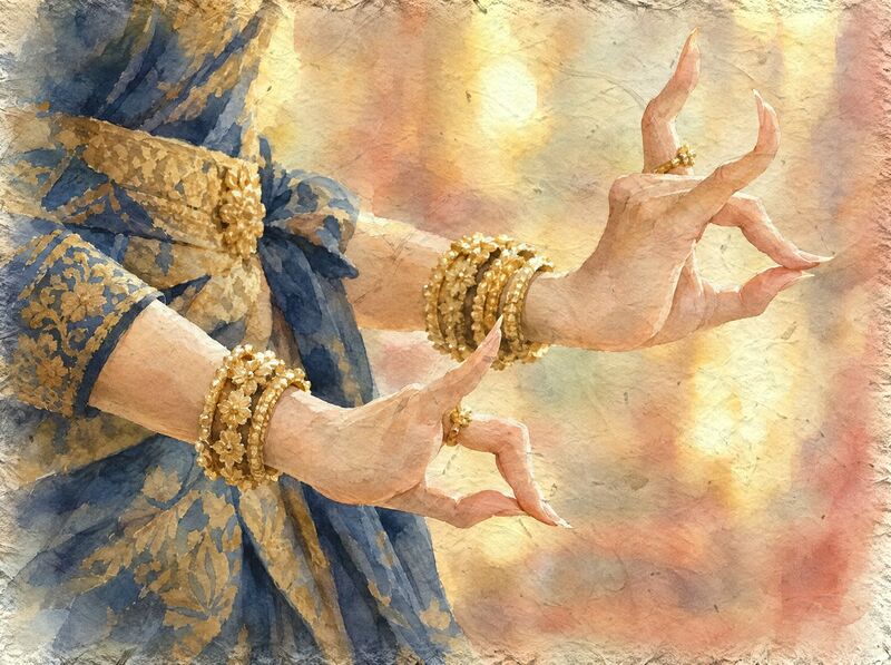 A close view of a dancer's hands and wrists, fingers curved back in the classical gesture, wearing gold bracelets and rings, with silk costume cloth in deep indigo and gold