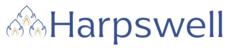 The Harpswell Foundation logo: three blue flame outlines with orange inner flames beside the word Harpswell in dark blue.
