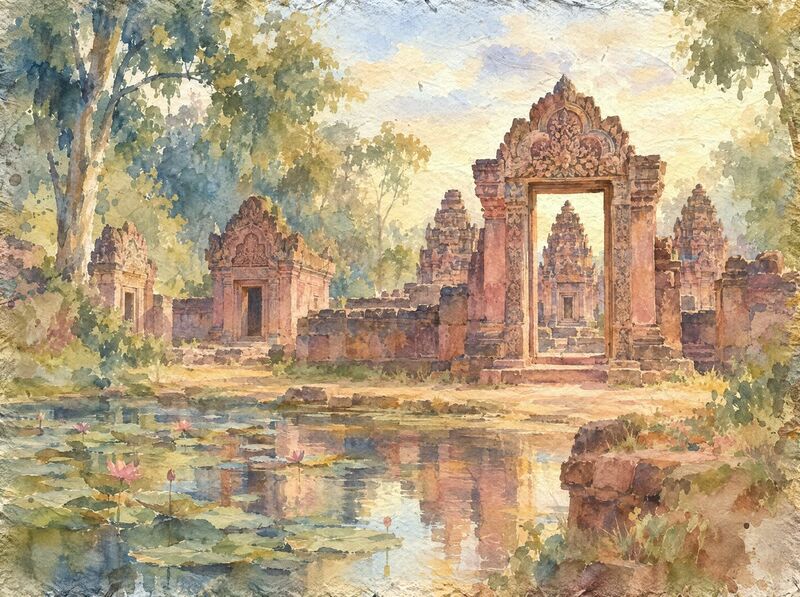 The small red sandstone shrines and finely carved gateways of Banteay Srei