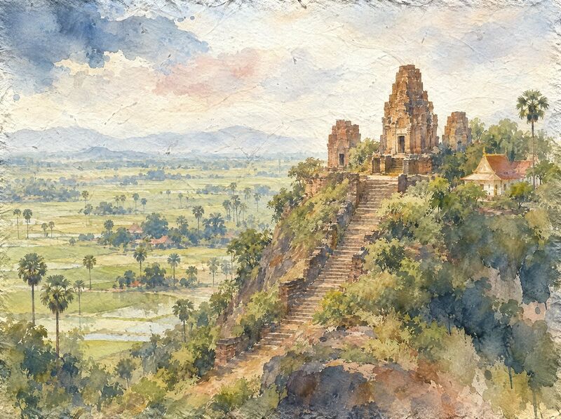 An 11th-century laterite temple on a hilltop above rice fields