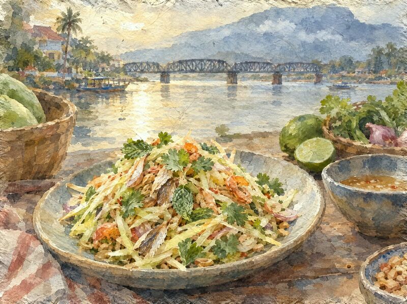 Green mango salad with herbs and dried fish beside limes and a dipping sauce, with a river bridge behind