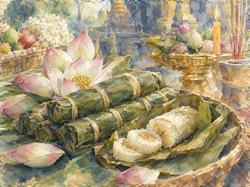 Sticky rice rolls wrapped in banana leaf, one sliced to show banana inside, with lotus flowers and a candle