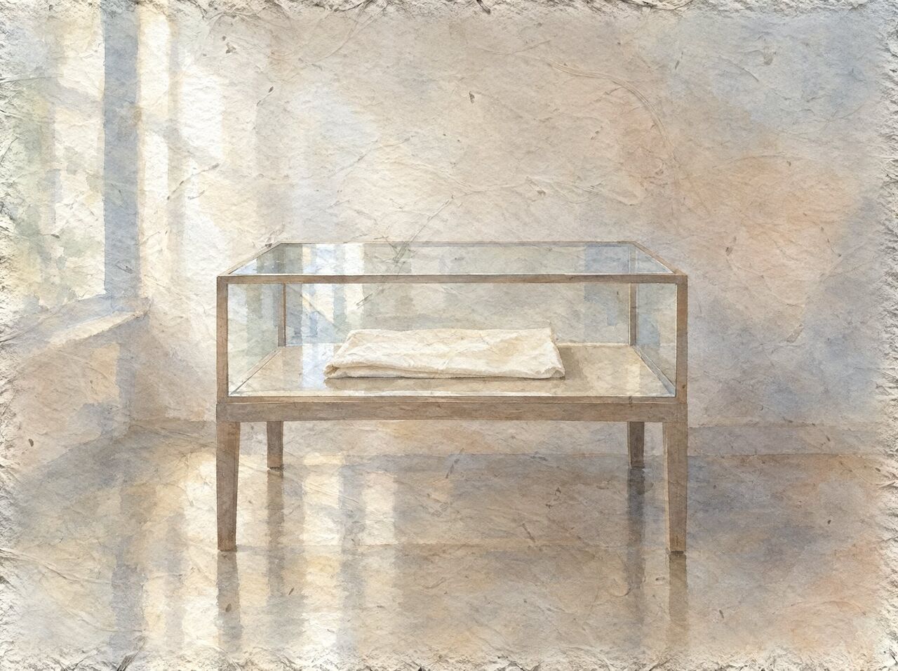 A glass-topped display case on slim light wooden legs holding one plain folded cream cloth, in soft window light on a pale wall and floor
