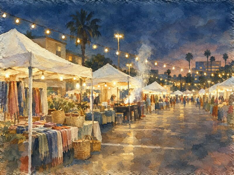 Rows of white vendor tents under string lights at dusk, smoke from a grill, palms and low buildings behind