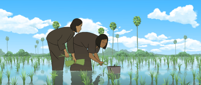 Animated figures in dark clothes bend over young rice plants in a flooded field under a blue sky with palm trees.