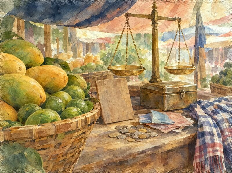 A market stall counter with a basket of mangoes and limes, brass hanging scales, a blank wooden board, a pile of coins and folded paper notes, a tin cash box and a checked krama cloth