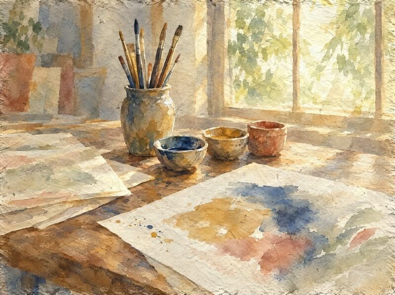 A wooden table in window light with a jar of brushes, three small bowls of pigment and sheets of paper with blue, gold and terracotta watercolor washes