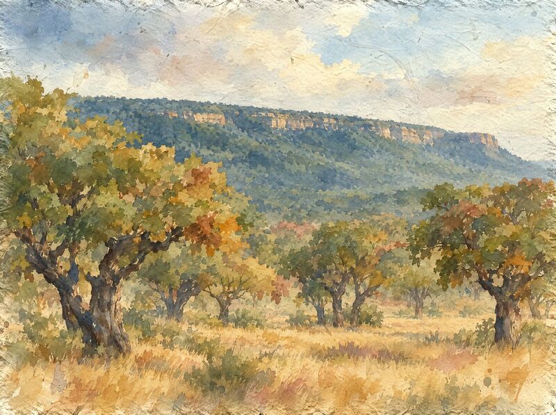 A long flat-topped forested ridge with pale sandstone cliffs at its rim, above broad-crowned trees on golden grass