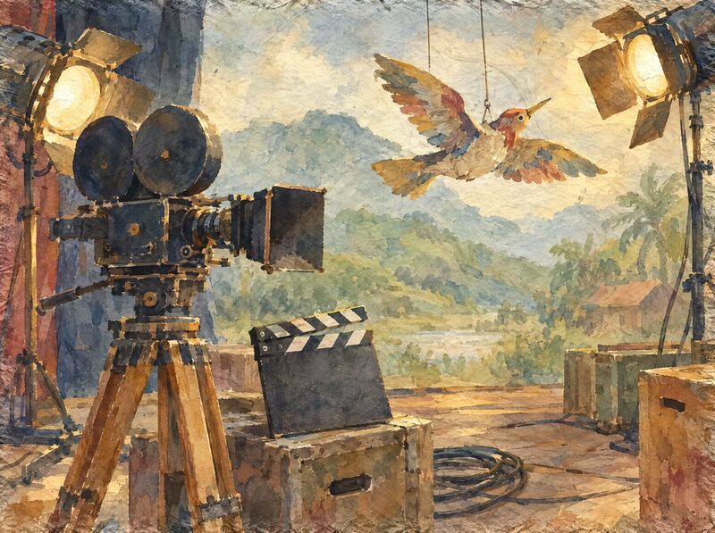 A watercolor of a film set with a vintage camera, studio lamps and a hand-made bird hung on wires as a flying prop