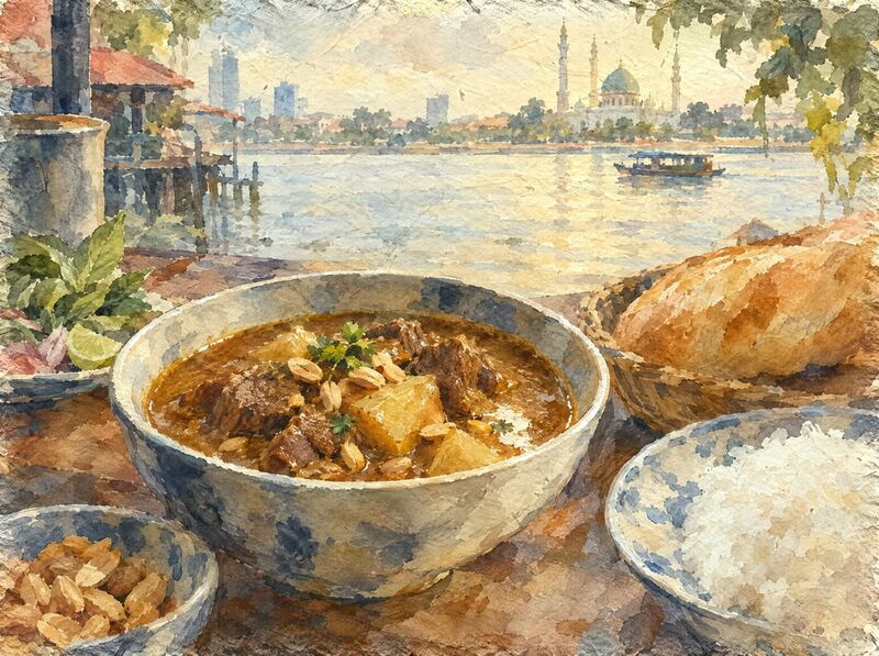 Beef saraman curry with peanuts and potato, with rice and bread, a river and a mosque behind