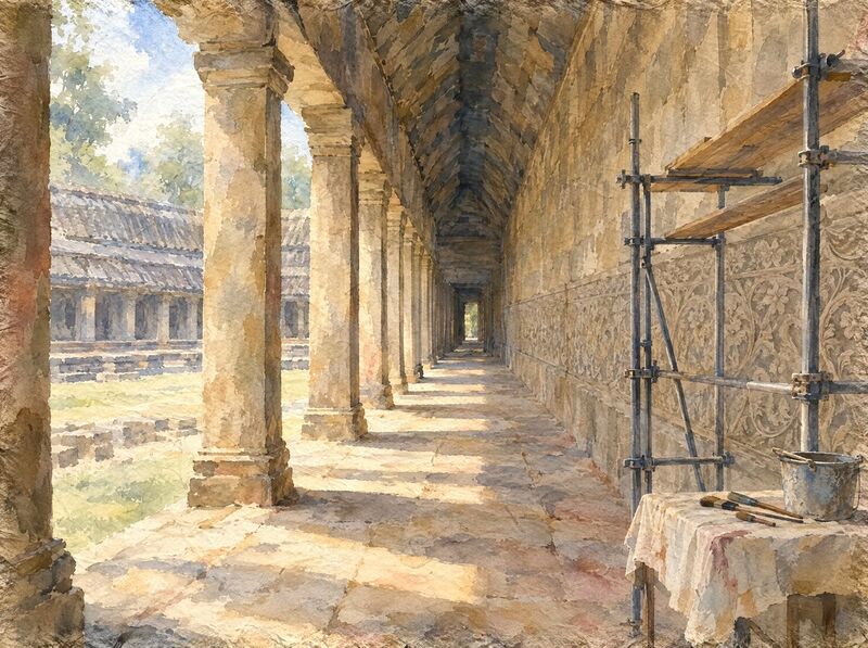 A shaded stone gallery with square pillars, a carved wall and a metal scaffold beside a table of brushes