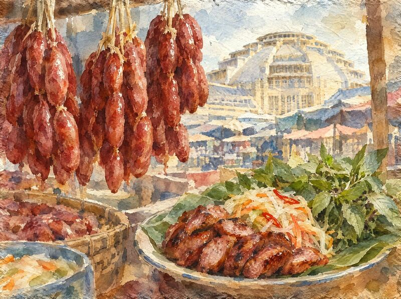 Strings of beef sausages hanging over a plate of grilled sausage with green papaya and herbs at a market