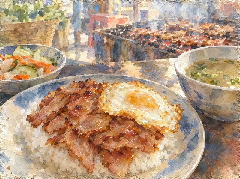 Grilled pork slices and a fried egg over rice, with pickled vegetables and a bowl of broth beside a street grill