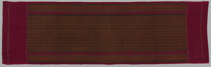 A long rectangle of red silk with a finely patterned center field and plain magenta ends.