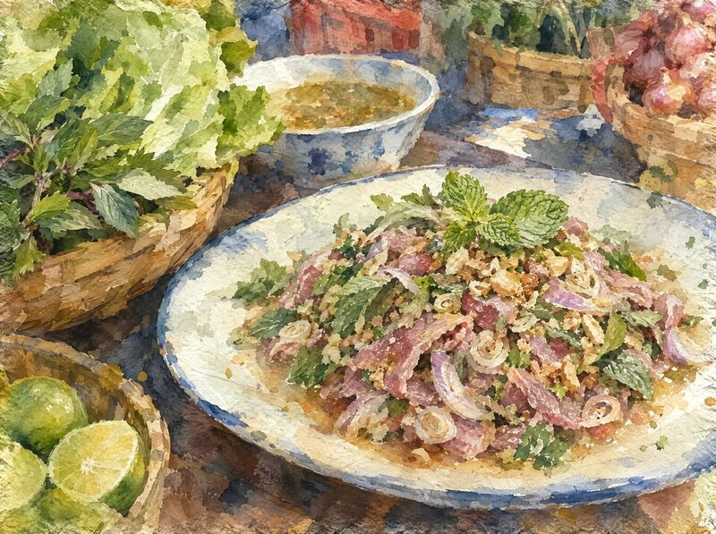 Beef salad with mint, red onion and roasted rice, beside limes, lettuce and a bowl of dressing