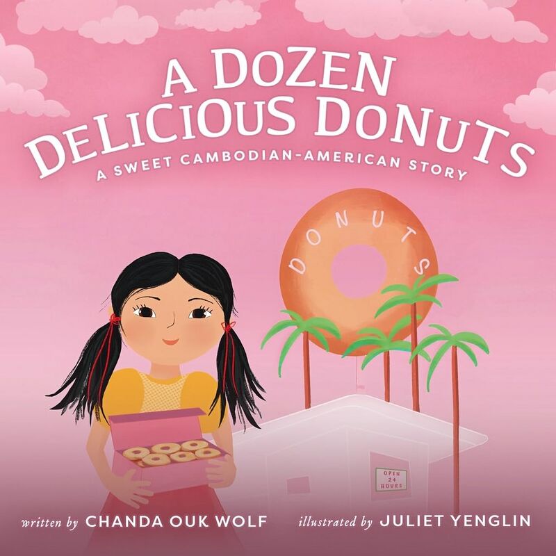 Illustrated pink cover of a smiling girl holding a box of donuts under palm trees.