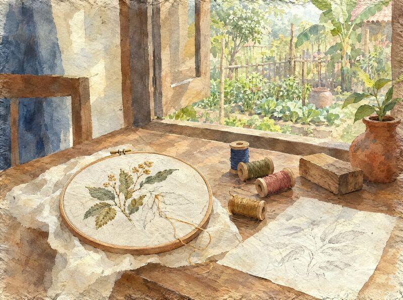A wooden table by a window holding an embroidery hoop with a half-stitched botanical design, spools of thread, a pencil drawing of leaves, a block of wood and a small clay pot, with a vegetable garden beyond the window