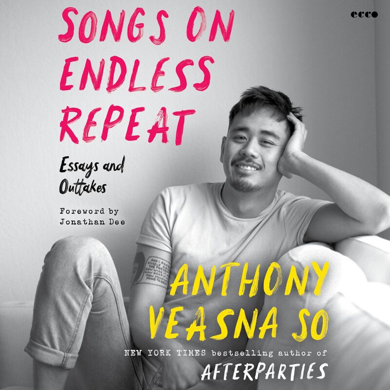 Square book cover: black-and-white photo of the author smiling, seated with his head on his hand, title in pink.