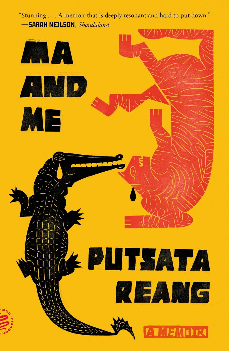 Yellow book cover with a black crocodile and an orange tiger illustration, title and author name in bold black letters.