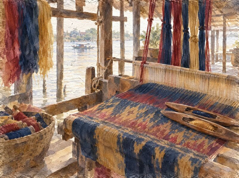 A wooden loom with tied-and-dyed hol silk threads and a half-woven patterned cloth