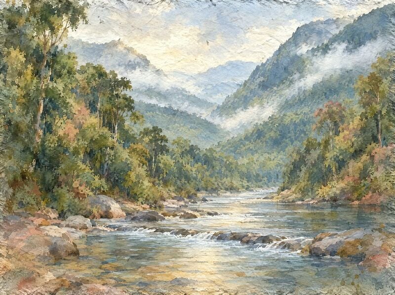 A clear river running over pale stones through a forested mountain valley, with tall trees along the banks and low cloud on the green slopes