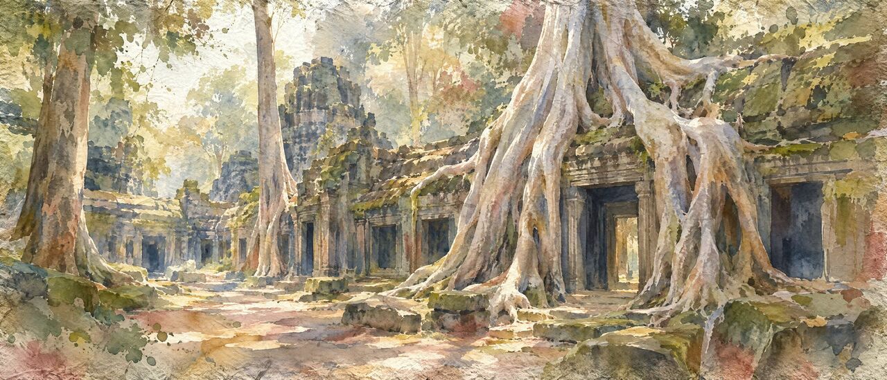 Watercolor of weathered sandstone ruins with silk-cotton tree roots in a forest