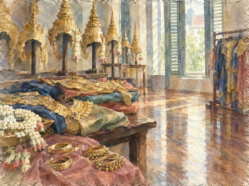 Gilded crowns, silk costumes and jasmine garlands laid out in a rehearsal hall