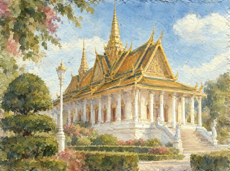 Watercolor of the gold-roofed Throne Hall of the Royal Palace in Phnom Penh, with its white colonnade, spire and naga stair.
