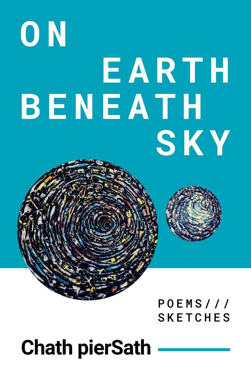 Teal book cover with two round dark paintings of swirling dots, title at top and author name below.