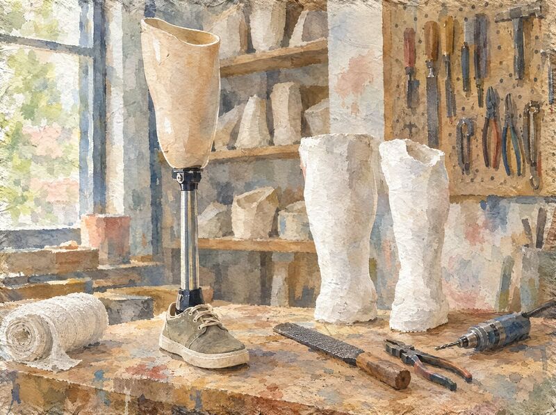 A below-knee prosthetic leg in a canvas shoe beside two white plaster leg casts and hand tools on a workbench